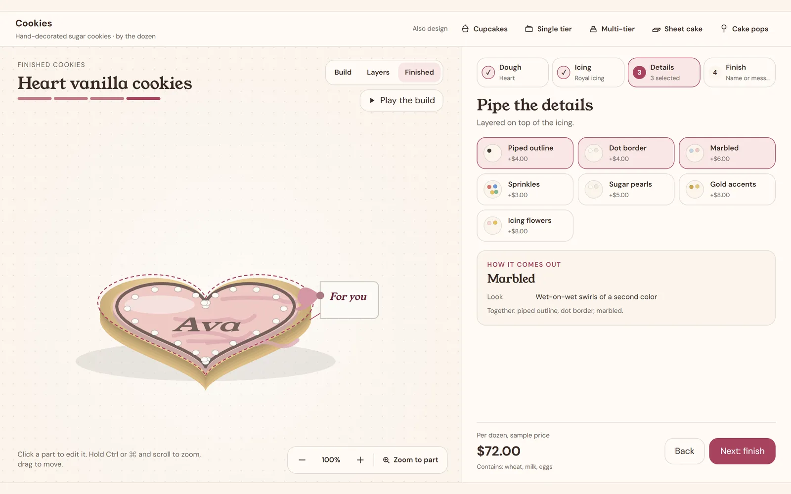 Cookie builder showing a heart-shaped sugar cookie in blush royal icing with Ava piped on it and a For you gift tag, $72 per dozen