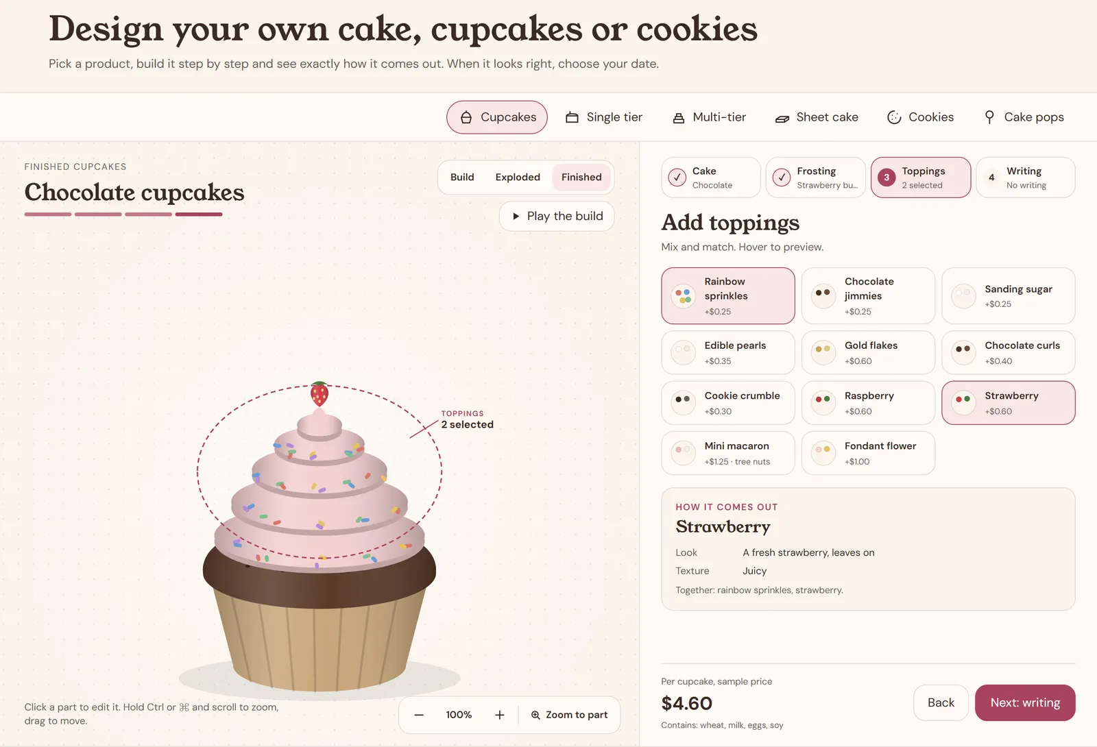 The design hub with tabs for cupcakes, single tier, multi-tier, sheet cake, cookies and cake pops, and a chocolate cupcake being topped