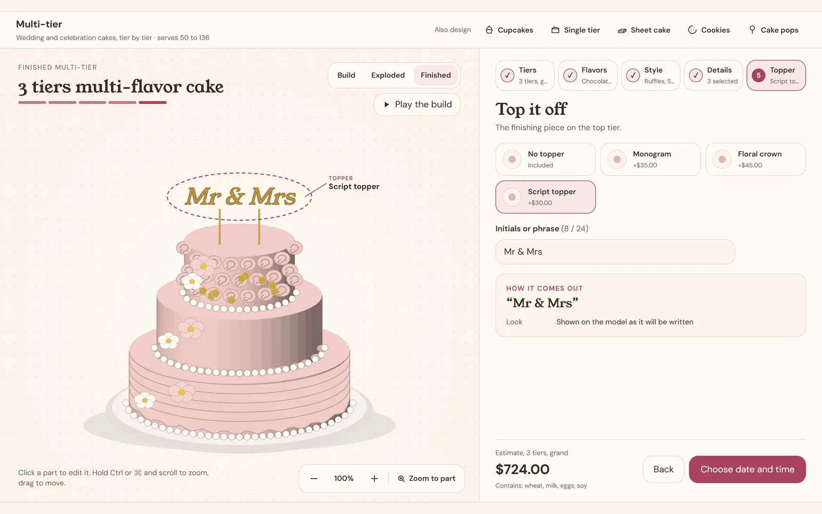 Kimmy's Bakery cake builder showing a pink three-tier cake with rosettes, ruffles, gold leaf and a Mr & Mrs script topper, priced at $724