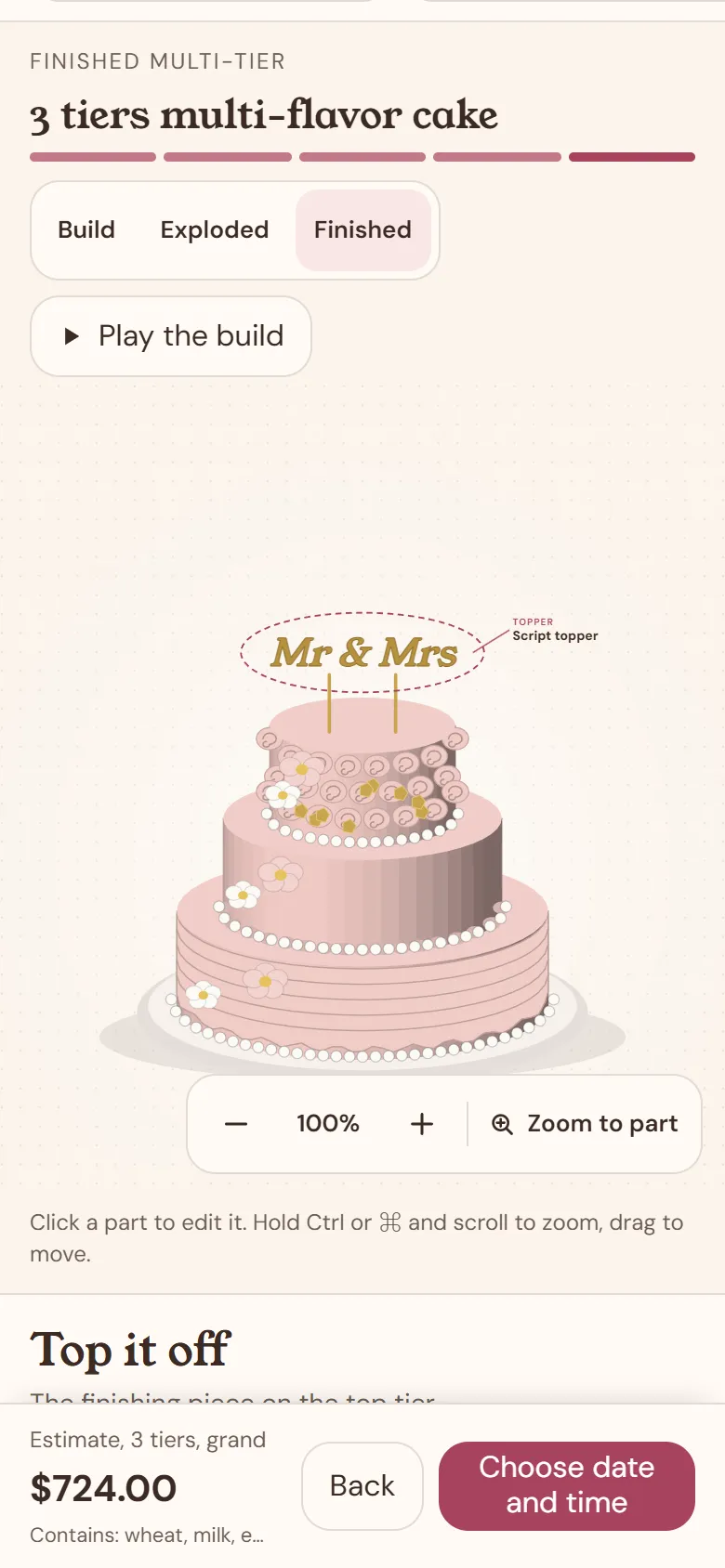 The multi-tier cake builder on a phone with the cake preview and a sticky $724 estimate