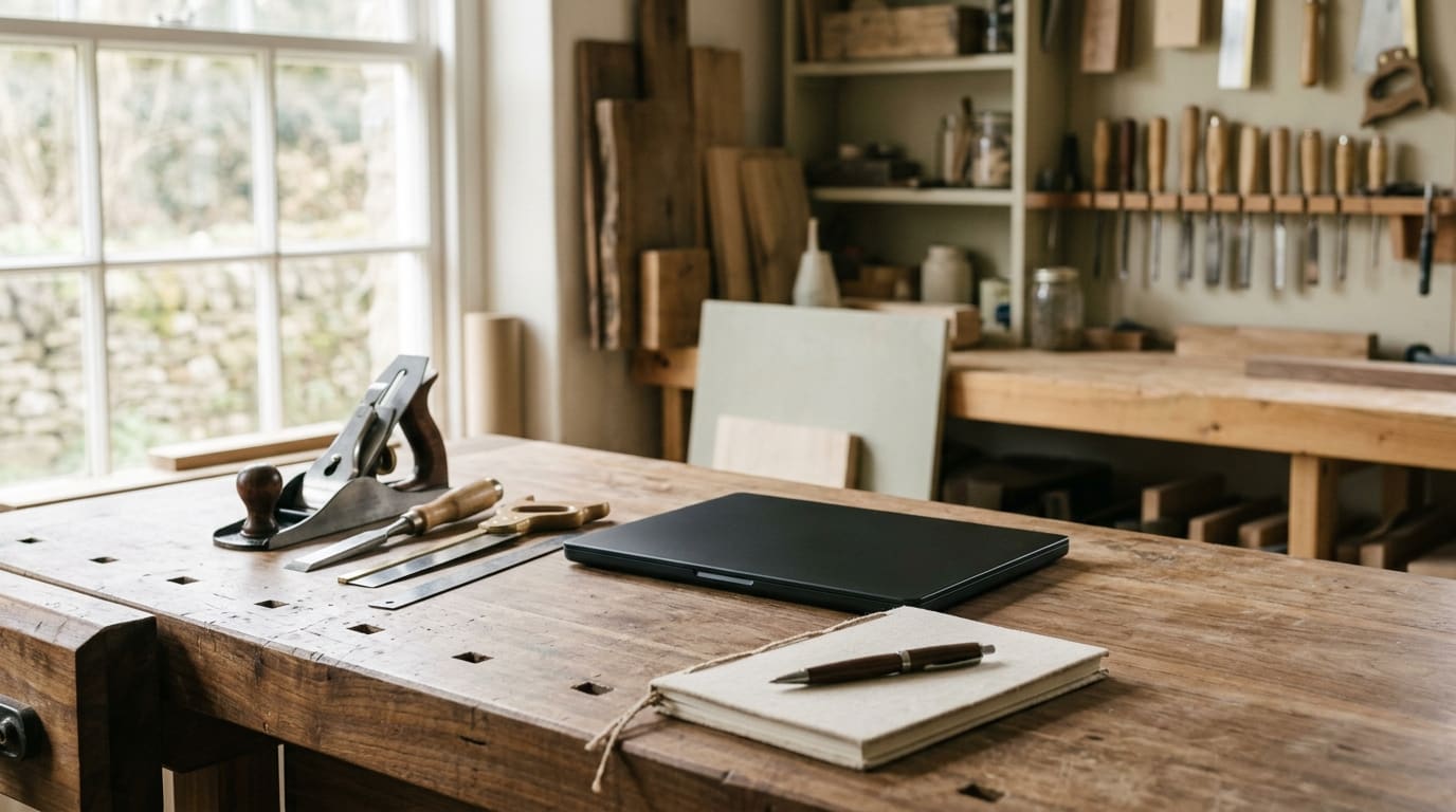 A tidy wooden workbench with a laptop and hand tools, representing custom business software built for one company