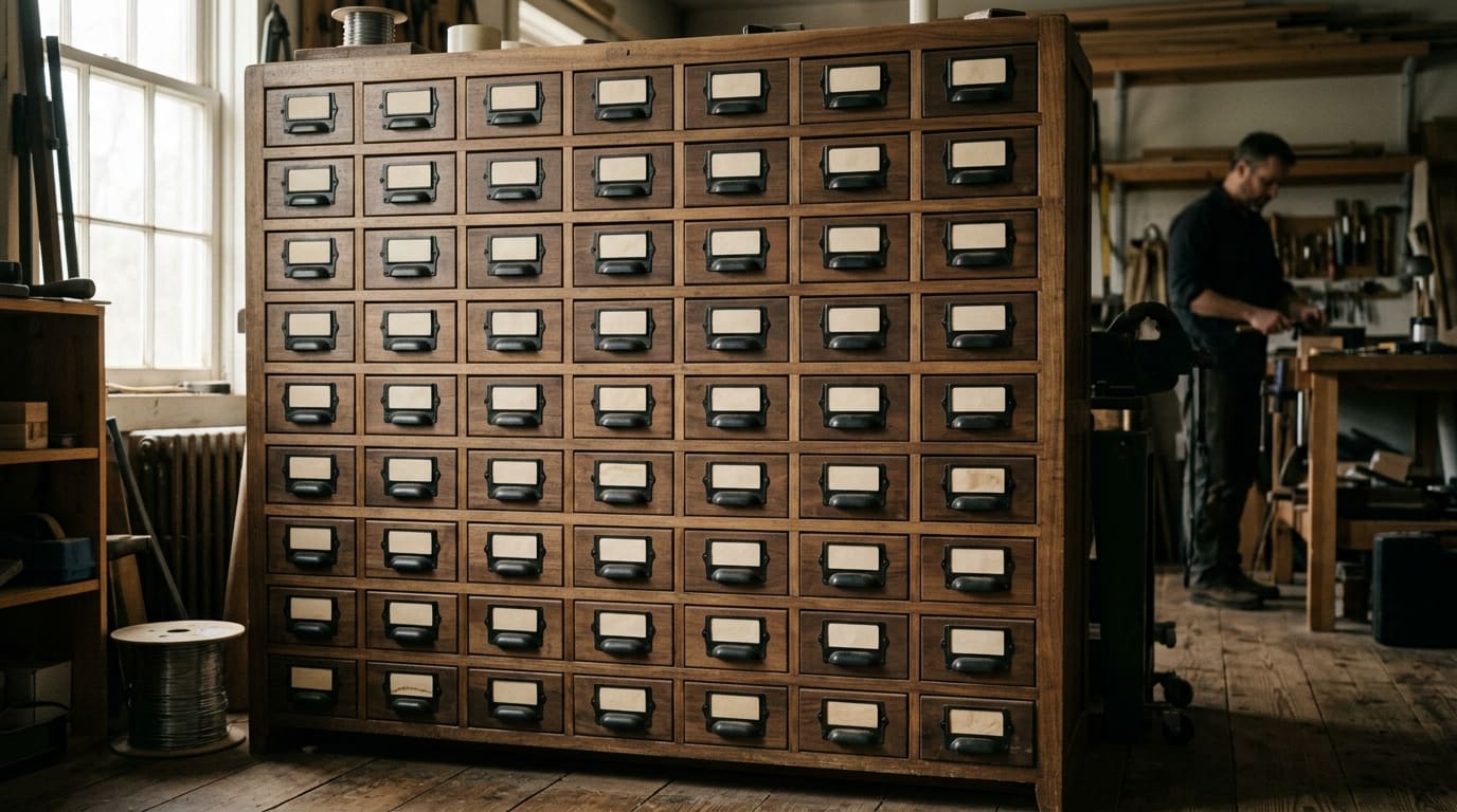 Labeled drawers in a workshop cabinet, each holding a different part of a business system