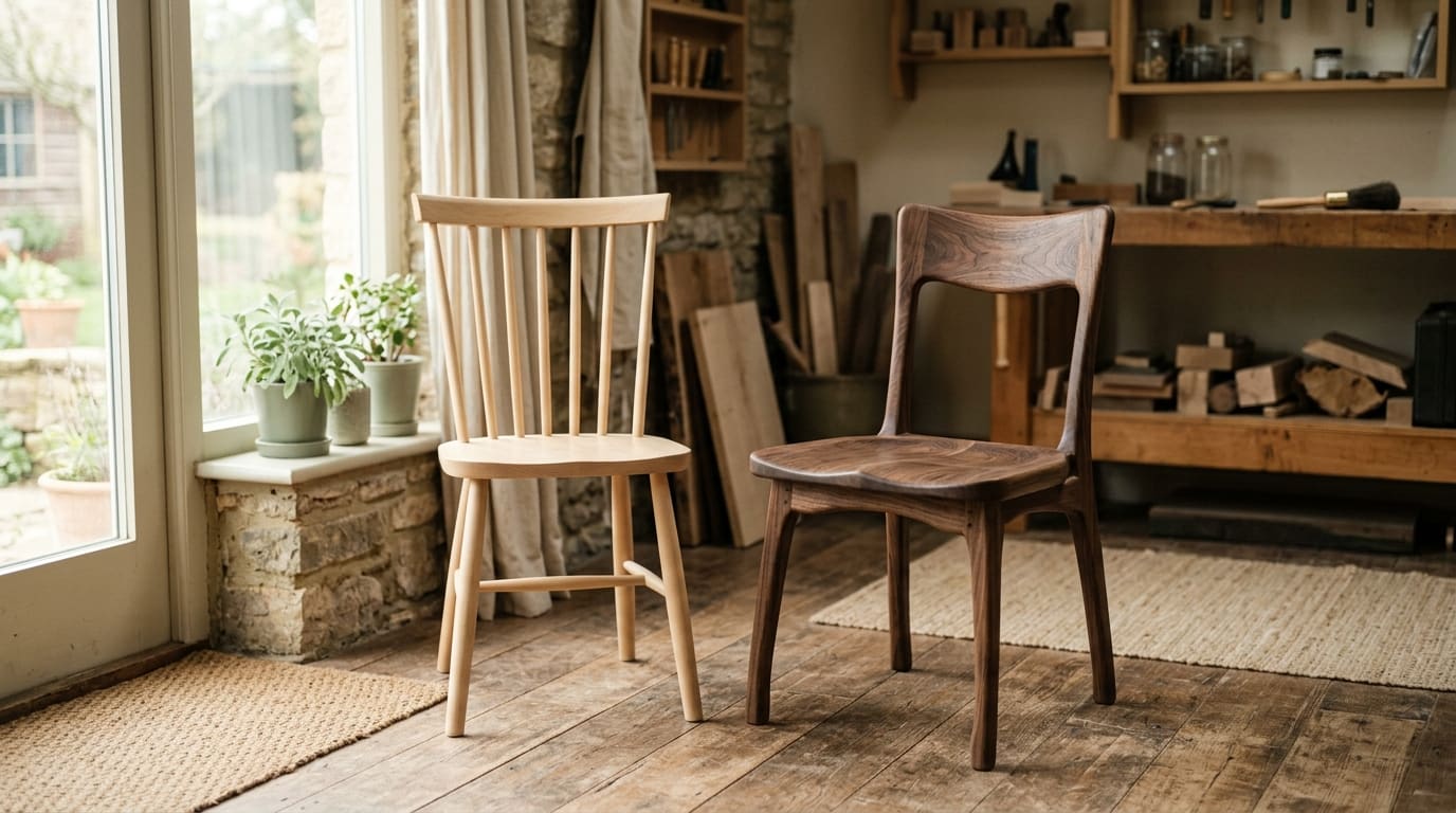 A plain factory-made chair beside a hand-built walnut chair, comparing off-the-shelf and custom business software