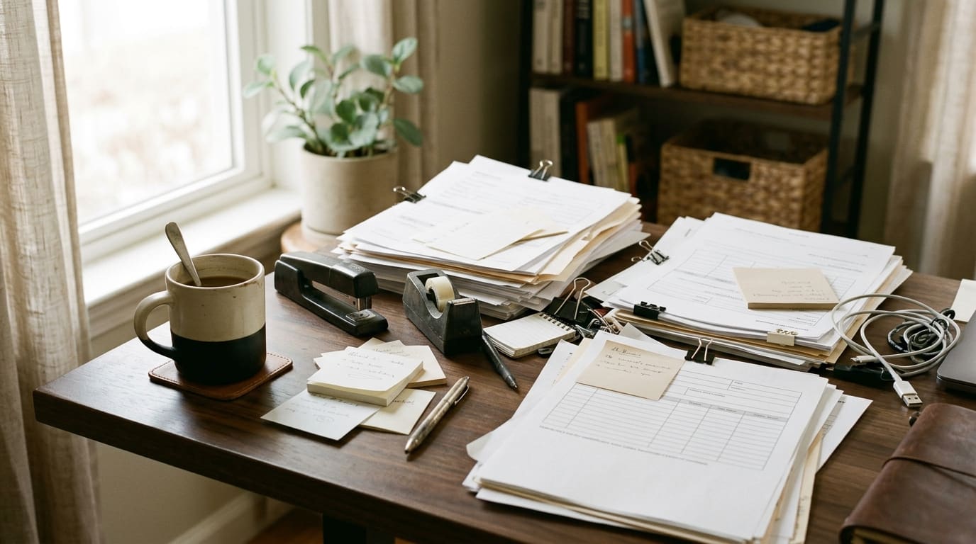 A cluttered desk with sticky notes and paper forms, showing a business that has outgrown its tools