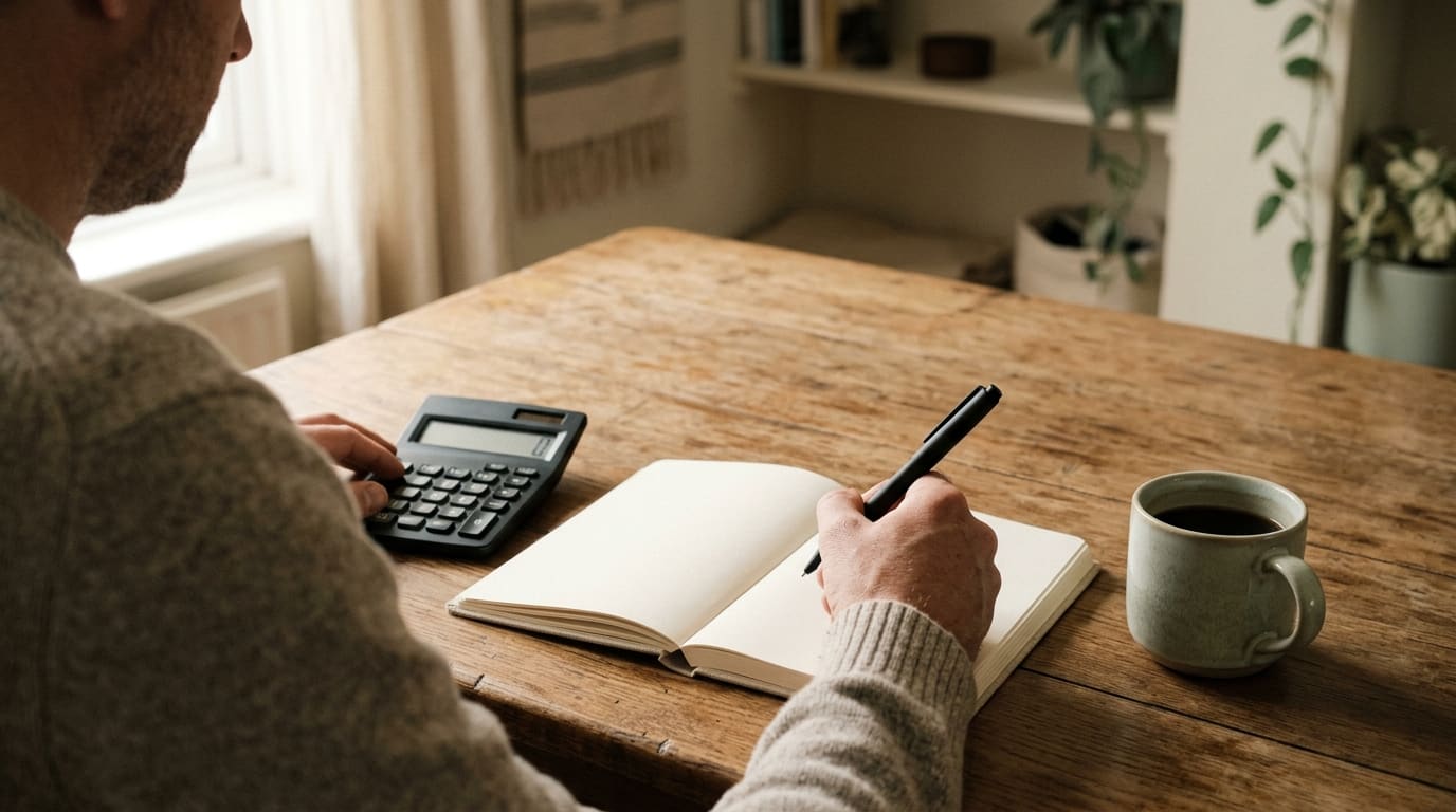A calculator, a notebook and a coffee cup on an oak table, planning the cost of a software build