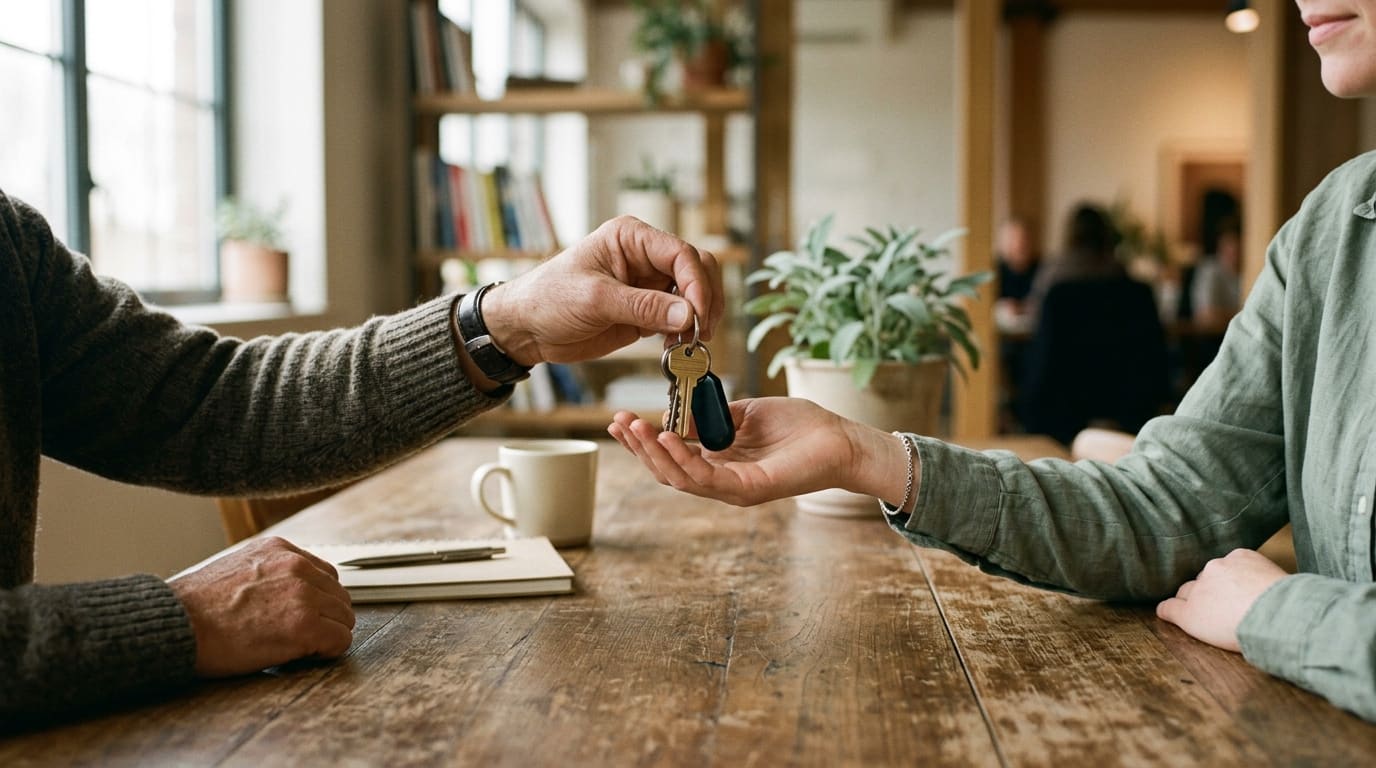 A set of keys handed across a wooden table, symbolizing ownership of custom software being transferred