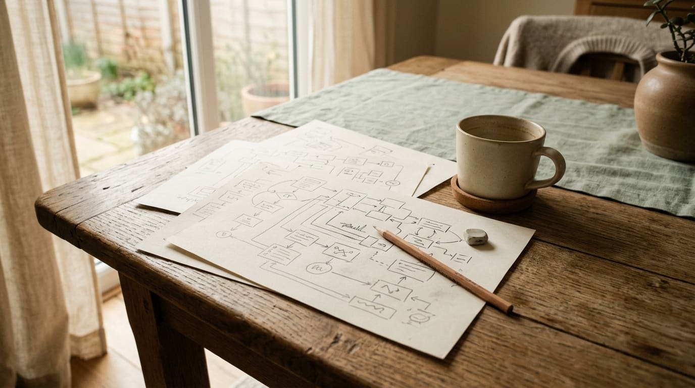 Hand-drawn workflow sketches, a pencil and a coffee cup on a wooden table, mapping a custom software build