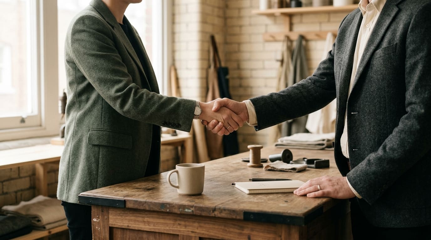 Two people shaking hands across a workshop counter in soft natural light