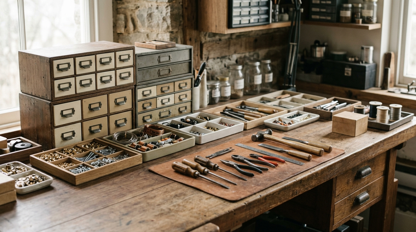 A workshop bench with labelled parts drawers and hand tools arranged in daylight