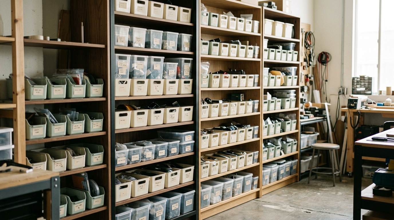 Shelves of sorted parts bins, standing in for a module library
