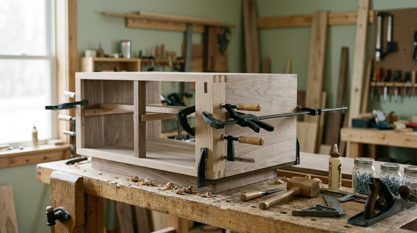 A cabinet part-way through assembly on a workbench