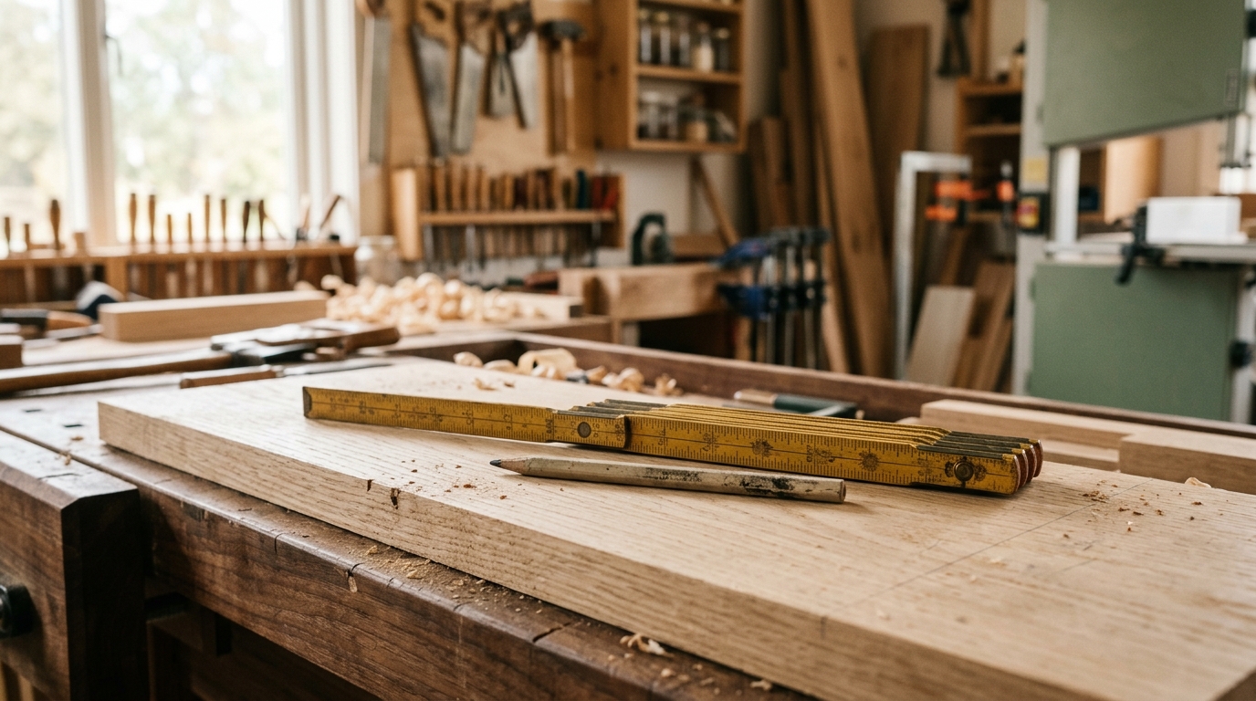 A folding rule and pencil on a planed board