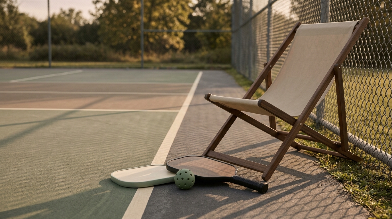 Pickleball paddles and balls resting on an outdoor court in warm afternoon light