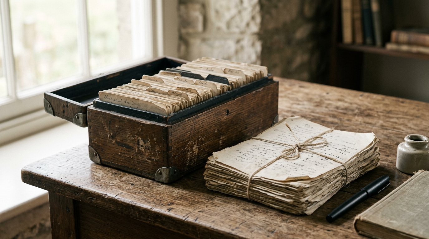 Handwritten paper membership records in a card-index box