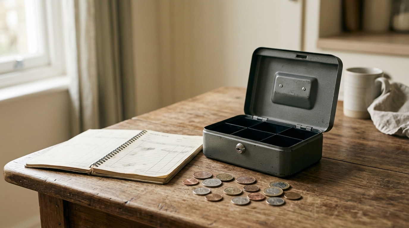 A club cash tin and receipt book used for collecting membership dues