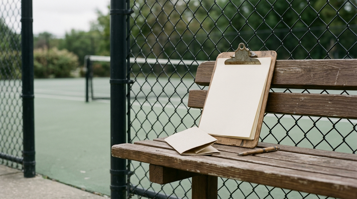 A clipboard on a bench beside the pickleball courts